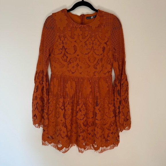 Boohoo Dresses & Skirts - Boohoo Burnt Orange Long Sleeves Lace MiniDress Size 8